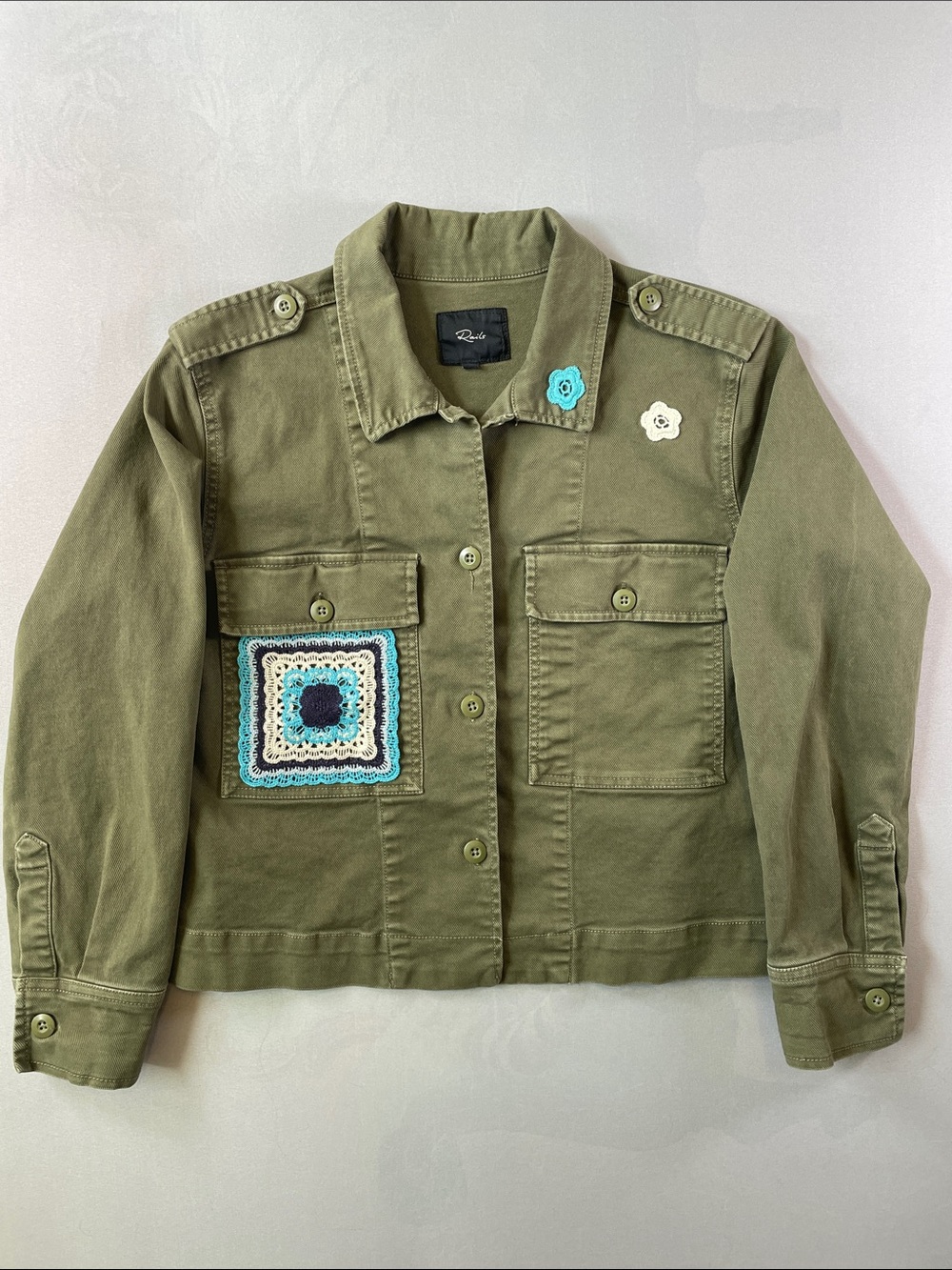 Rails Tuli Olive Green Military Inspired Utility Jacket Crochet Accents Medium